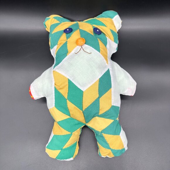 Handmade Patchwork Teddy Bear Button Eyes Noses Green Yellow Kitschy Retro - Picture 2 of 8